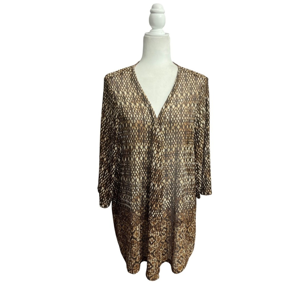 Catherines Cardigan Plus Size 1X 18/20W Brown Geometric Knit Open Front Airy